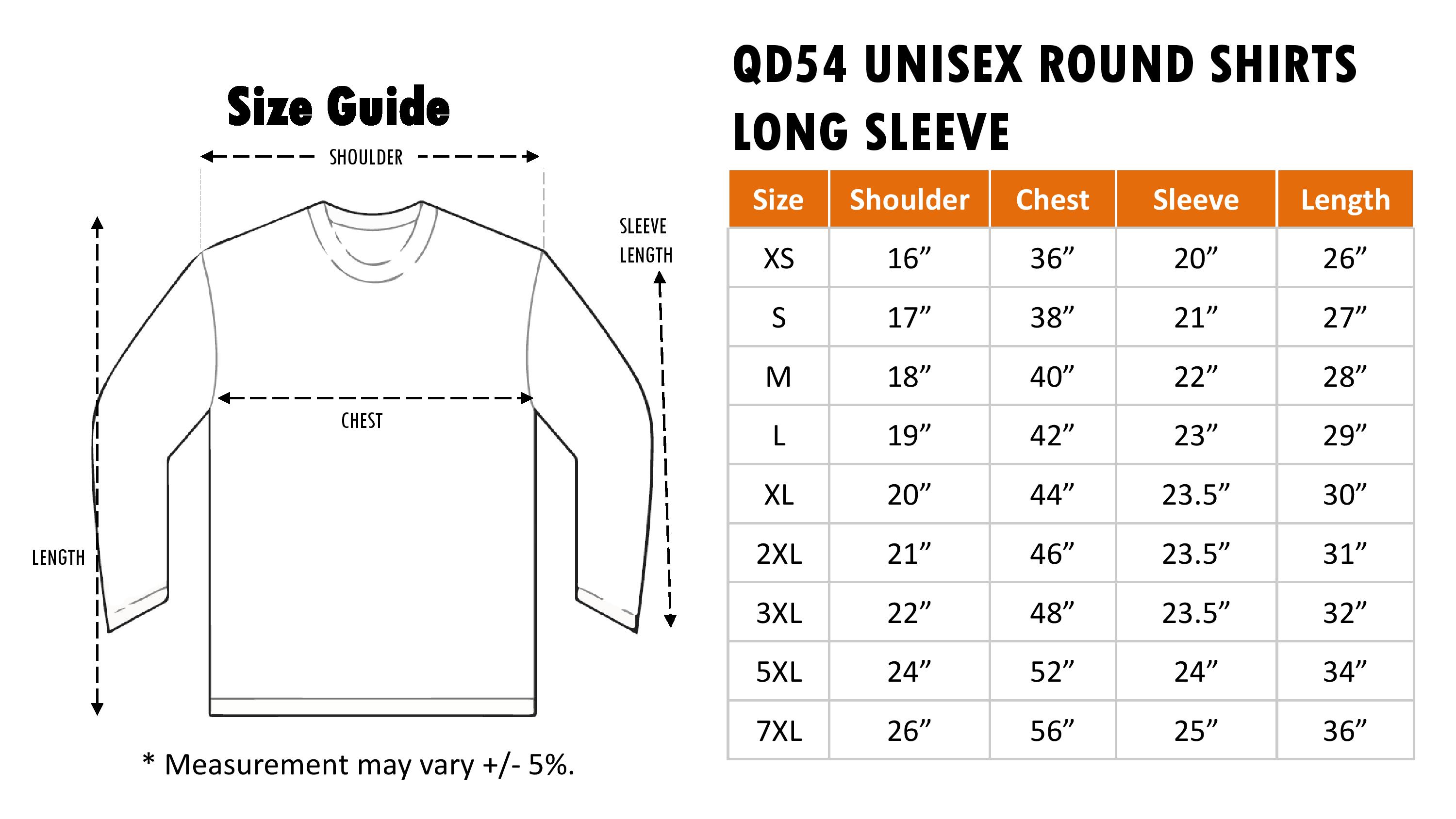 Oren TPR QD54 Drifit Round Neck Long Sleeve Size Chart